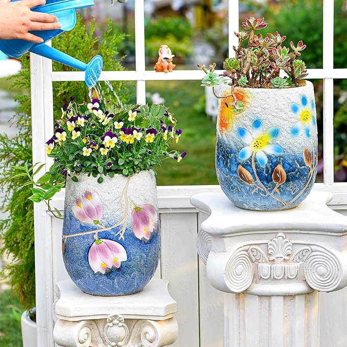 Sungmor 10.6 Inch Ceramic Succulent Plant Pot with Drainage Hole, Hand Painted Flower Pots for Plants, Unique Texture Decorative Planter for Indoor and Outdoor, Pottery Vase for Home Office Decor
