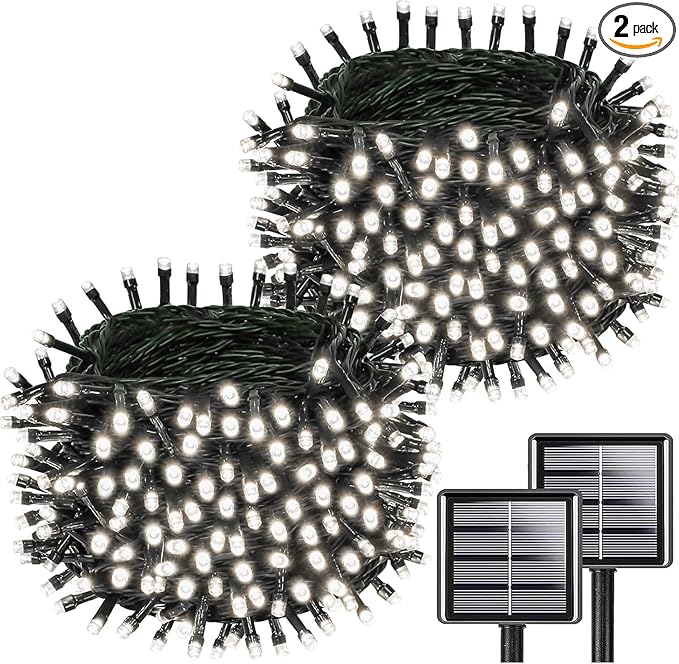 Solar String Lights Outdoor Waterproof 2PK 200LED 66FT Twinkle Lights Auto On/Off Solar Powered LED Fairy Light Green Wire with 8 Modes for Christmas Tree Party Wedding Garden Decoration (Cool White)