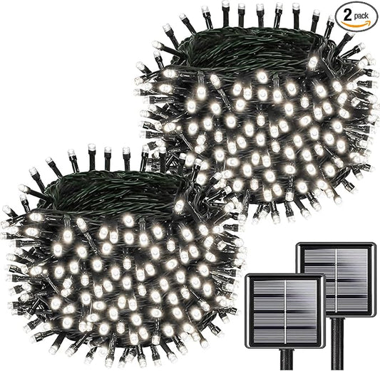 Solar String Lights Outdoor Waterproof 2PK 200LED 66FT Twinkle Lights Auto On/Off Solar Powered LED Fairy Light Green Wire with 8 Modes for Christmas Tree Party Wedding Garden Decoration (Cool White)