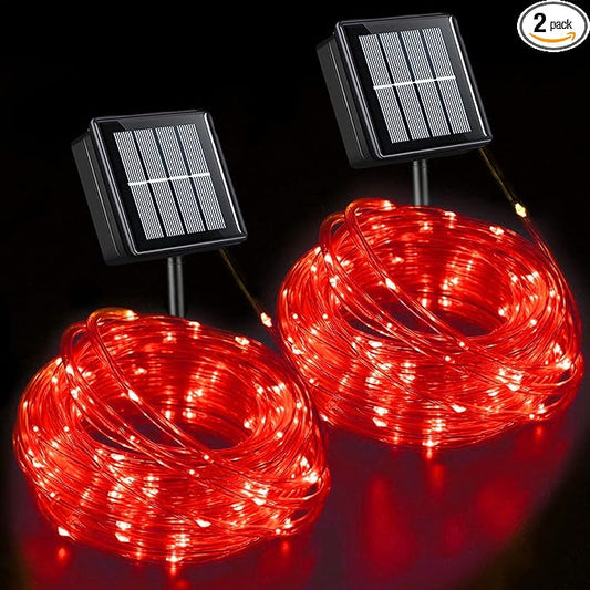 YEGUO 2 Packs Each 33ft 100 LED Solar Rope Lights Outdoor Waterproof, Red String Lights for Outside, 8 Modes Fairy Lights in Clear Thin Tube for Camping Fence Patio Garden Trampoline Deck
