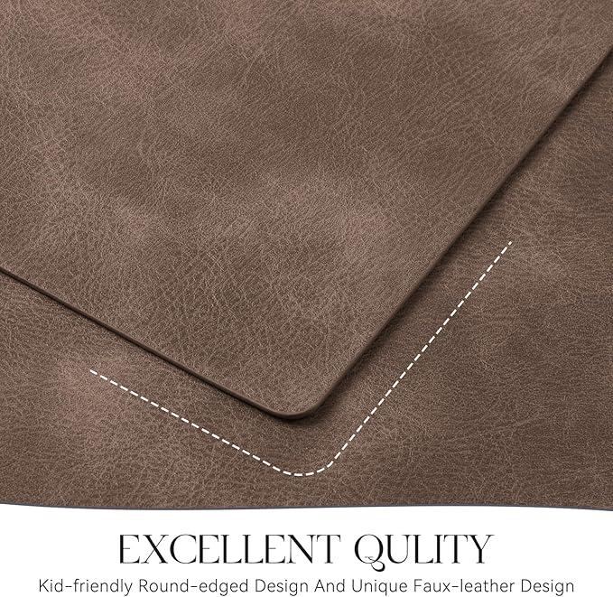 MOSAYT Vinyl Placemats Set of 8-12 X 17 Inch - Faux Leather 100% Waterproof Oil-Proof Wipeable PU Place Mats, Heat Resistant Reversible Table Mats for Kitchen, Dining, Outdoor (Brown)