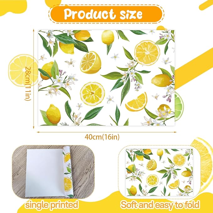 Paper Placemats Disposable 50 Pack Lemon Placemats 16x 11 Inch Yellow Lemon Fruit Place Mats for Spring Summer Dining Table Wedding Party Supplies