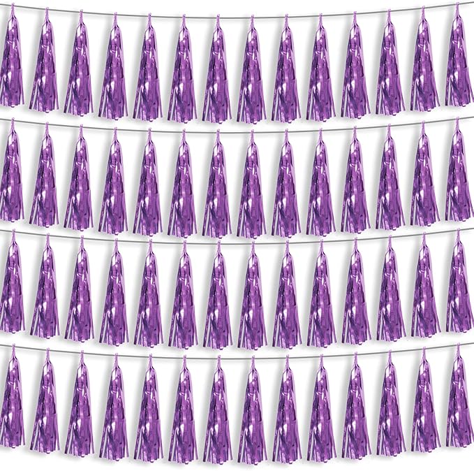 4P Light Purple Foil Fringe Metallic Streamers Banner Tassel Garland for Parade Floats, Bachelorette, Wedding, Birthday, Halloween, Christmas, Bridal/Baby Shower Party Decorations