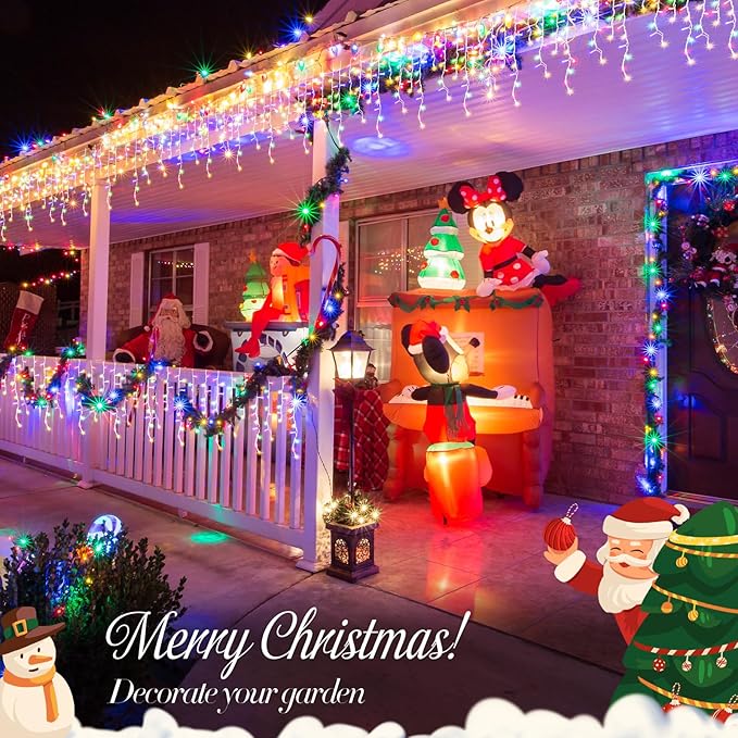 JMEXSUSS Icicle Christmas Lights, 200 LED Multicolor Indoor Outdoor Waterproof, 8 Modes Decorations for Xmas Roof Party Holiday