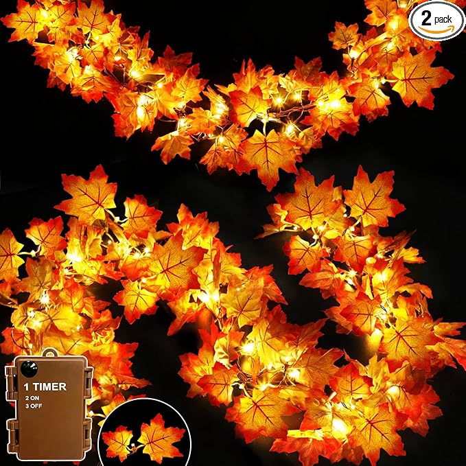 Timer & Thicker Leaves - 2 Pack Fall Garland with Lights Fall Hallowen Decorations Indoor Total 80 Leaves 40LED 13Ft Battery Operated Halloween Garland Thanksgiving Decor Home Indoor Outdoor Christmas