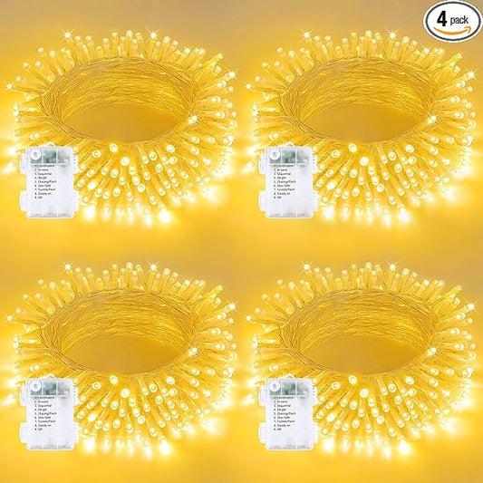 4 Pack String Lights Battery Operated with Timer, 66FT 200 LED Waterproof Battery Twinkle Lights, 8 Modes Fairy Light for Indoor & Outdoor Party Bedroom Garland Tree Christmas Decorations (Warm White)