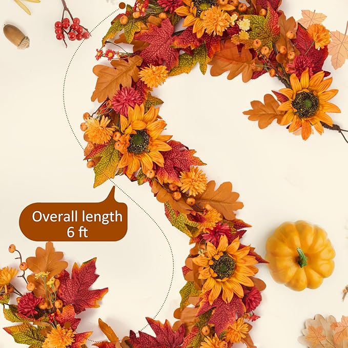 GENMOUS 6ft Fall Maple Leaves Garland, Artificial Sunflower Autumn Wreath with Small Pumpkins Home Decor for Thanksgiving, Halloween, Wedding, Fireplace Porch Indoor Outdoor Fall Decoration