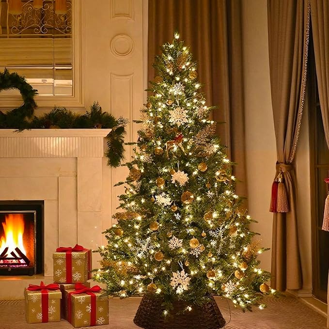 8FT Pre-Lit Artificial Christmas Tree with 2748 PE&PVC Mixed Branch Tips, 600 Warm White Lights, Hinged Premium Spruce Fake Xmas Trees, Green, Foldable Base