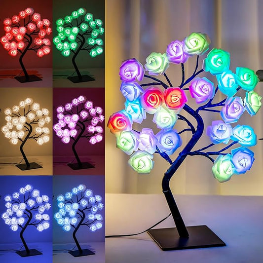 18 Colors Rose Tree Lamp - Multicolor LED Rose Flower Night Light Pink Flower Lamp Rose Lamp Tabletop Bonsai Tree for Wedding Valentine's Day Decorations Wedding Girls Party Bedroom