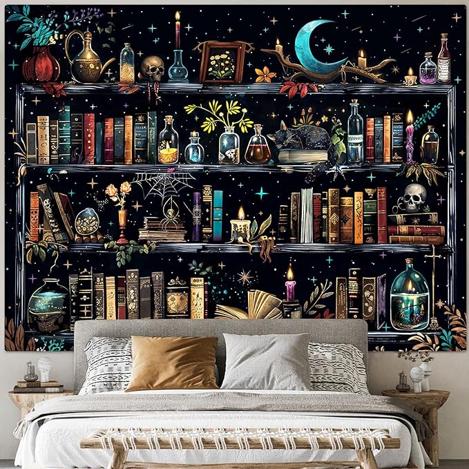 Accnicc Magic Bookshelf Tapestry Magical Witchy Potion Dark Hippie Haloween Tapestries Wall Hanging Gothic Skull Black Cat Library Book Small Tapestry for Bedroom Living Room Dorm 60 x 44 inch