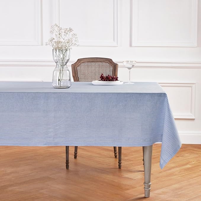 Solino Home Linen Tablecloth 60 x 144 Inch - Narrow Stripe 100% Pure Linen Cornflower Blue and White Table Cloth for Rectangle Tables - Machine Washable Tablecloth