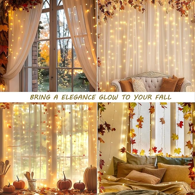 HEYFUNi 304 LED Curtain Lights Outdoor, 9.8Ft*9.8Ft Hanging String Lights Plug in with 8 Modes, Connectable Curtain Fairy Lights for Bedroom, Dorm, Christmas, Wall, Backdrop, Wedding Decor, Warm White