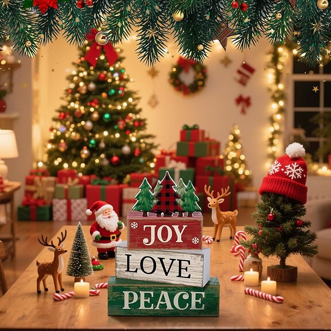 4 Pcs Christmas Table Decor Christmas Tree Centerpiece Joy Peace Love Sign Rustic Decorative Tree Block Signs Gift Winter Tiered Tray Decor Farmhouse for Home Xmas Party Kitchen Shelf