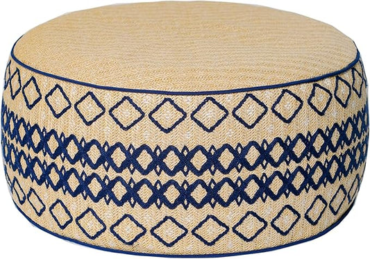 Outdoor Inflatable Ottoman with Air Pump, Embroidery Patio Footrest Stool D21”x H9”, Round Pouf Ottoman with Portable Handle Suitable for Garden, Camping, Bedroom, Living Room