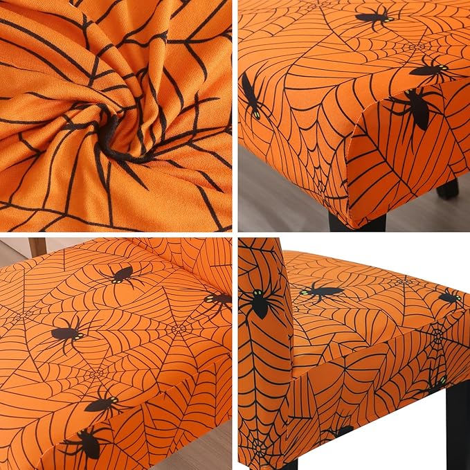 JQinHome Halloween Orange Dining Chair Slipcover, Spider Web Chair Covers Set of 4 ，High Stretch Washable Chair Protector Cover for Dining Room, Kitchen,Home Party,Wedding Ceremony(Orange, 4PC)