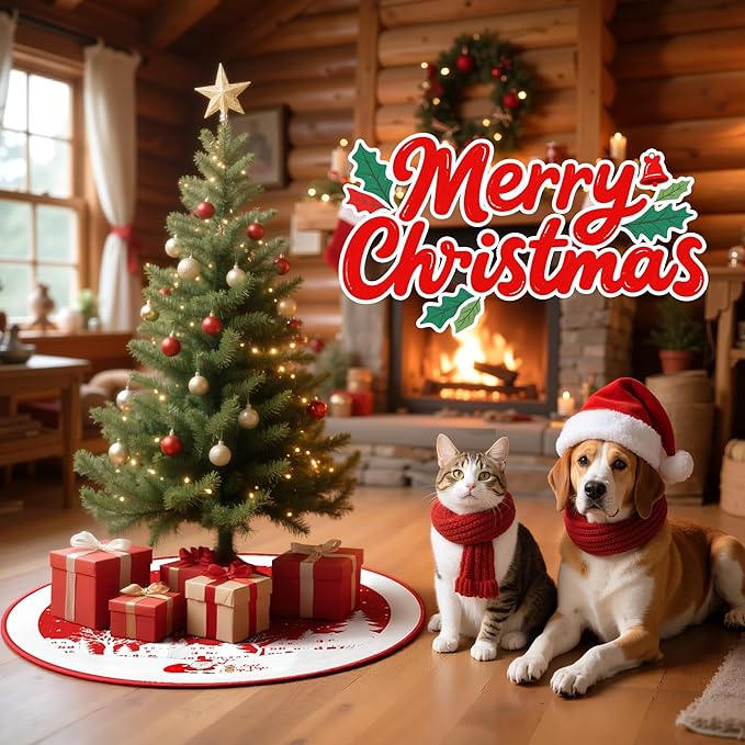 Christmas Tree Skirt 48 Inches Red Xmas Soft Cover Mat Decor Retro Xmas Tree Skirt for New Year Holiday Ornaments Indoor Outdoor Decorations (Merry Chrismas)