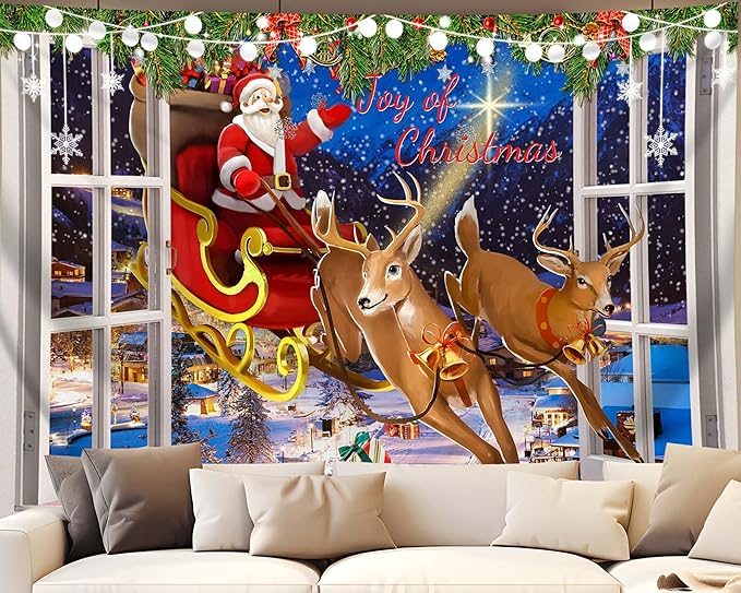 QGHOT Christmas Window Tapestry Wall Hanging Christmas Backdrop Xmas Winter Window Wall Decor Santa Claus Tapestries for Bedroom Living Room Dorm Holiday Party Decoration