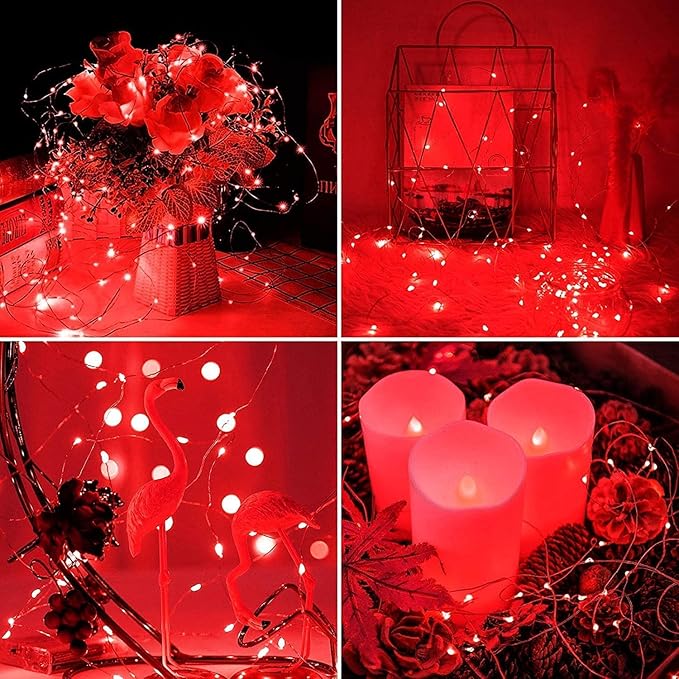 JMEXSUSS 4 Pack 400 LED 132FT Red Solar Fairy Lights Outdoor Waterproof, 8 Modes Copper Wire Solar String Lights for Outside Patio Garden Christmas Decorations