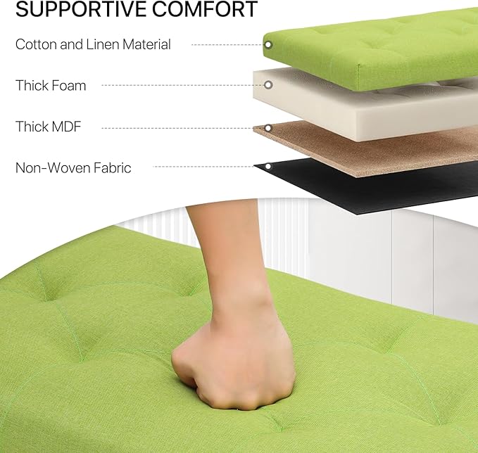 MoNiBloom 42 Inch Long Bench with Storage, Modern 40L Inner Space Green Linen Foot Stool for Bedroom, Upholstered Padded Rectangular Fabric Tufted Bench Footrest with Wood Legs with 660 Lbs Capacity