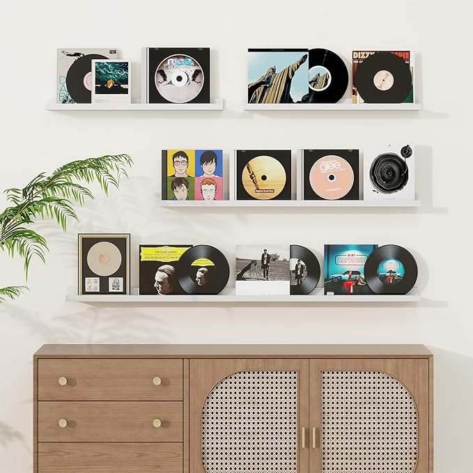 Picture Ledge Shelf, Solid Pine Wood Floating Shelves Set of 4, 16 Inches Nursery Book Shelves for Toys Storage, Kids Bookshelf Wall Mounted for Living Room Decor Photo Frames, White