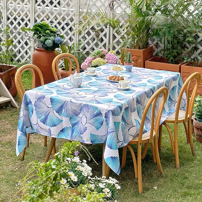 Outdoor Rectangle Tablecloth 60 x 84 Inch, Waterproof Table Cloth, Ginkgo Leaf Printed Pattern Table Cover for Dining, Farmhouse, Party, Easter, Spring Summer, Blue Floral