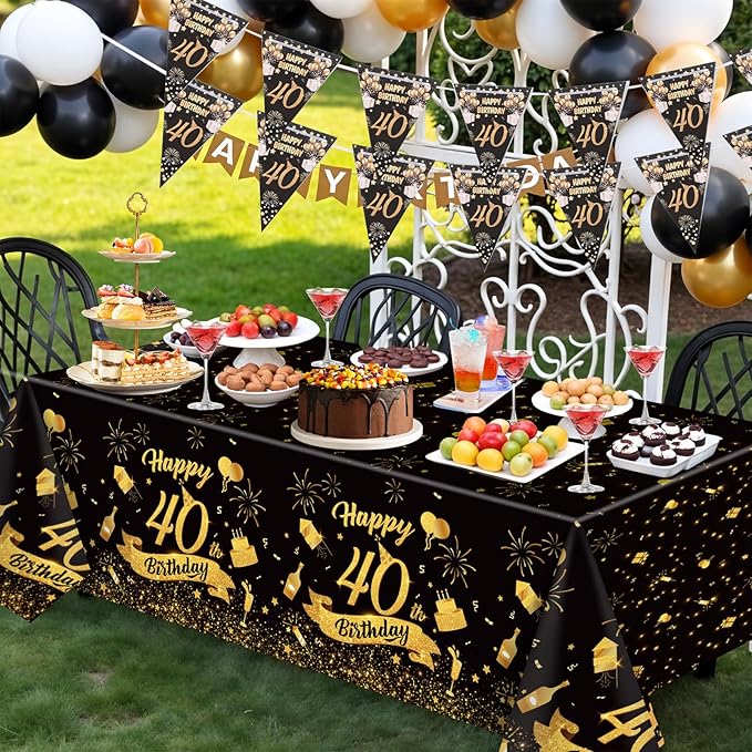 3 Pack 40th Birthday Plastic Black Gold Table Cloths, Rectangular 54x108 Table Cover for Birthday Party Decorations