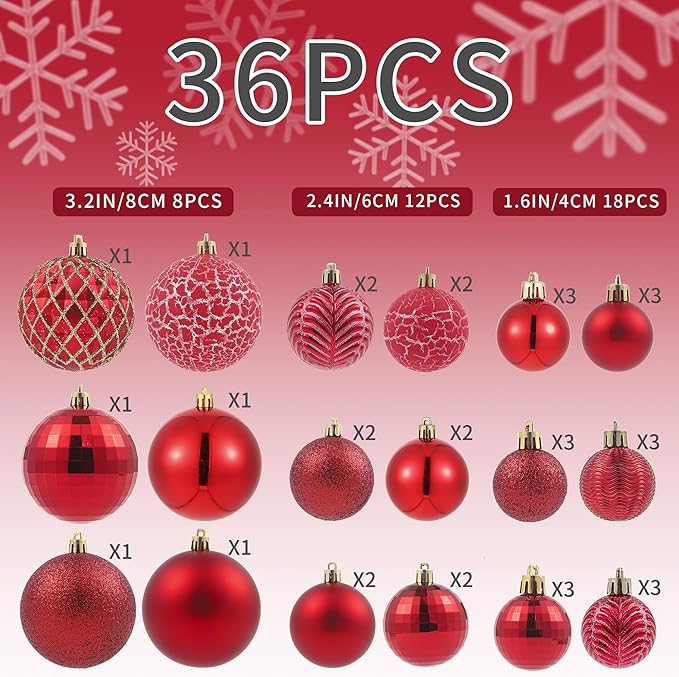 LANGXUN 36pcs Red Christmas Tree Decorations Balls, Bolas De Navidad, 2025 Christmas Decor, Indoor Outdoor Shatterproof Christmas Ornaments, Xmars Party Wedding Suppiles
