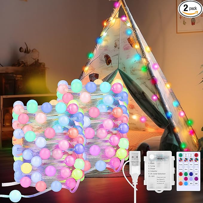 Fairy Lights Color Changing 16.5FT String Lights with Remote, 2-Pack Mini Ball LED Twinkle Lights USB Plug or Battery Powered for Indoor Outdoor Waterproof Party Garden Camping Decoration