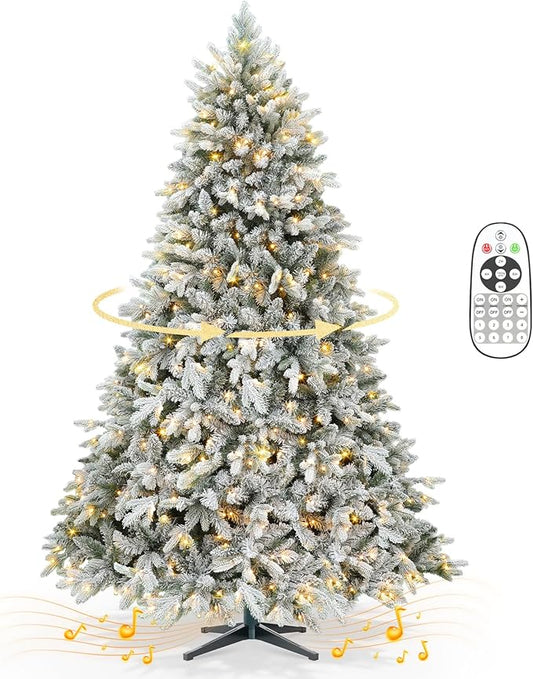 9ft 360° Rotating Pre-Lit Snow Flocked Christmas Tree, Built-in Music, Remote Control, 8 Light-Modes, White Christmas Tree for Home Decor