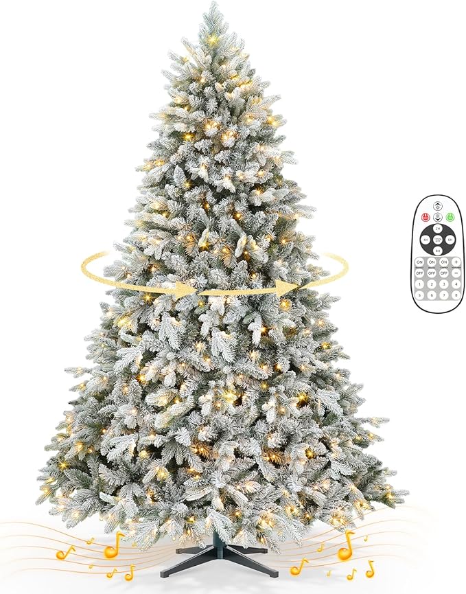 7.5ft 360° Rotating Pre-Lit Snow Flocked Christmas Tree, Built-in Music, Remote Control, 8 Light-Modes, White Christmas Tree for Home Decor