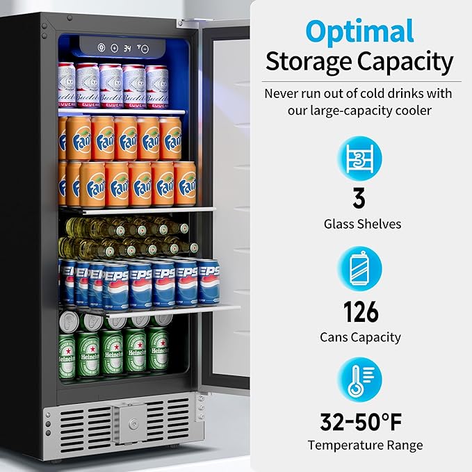 15 Inch Undercounter Beverage Refrigerator - 126 Cans Beverage Fridge with Stainless Steel Door for Beer Wine Soda - Built-in or Freestanding Wine Cooler for Home Kitchen Bar