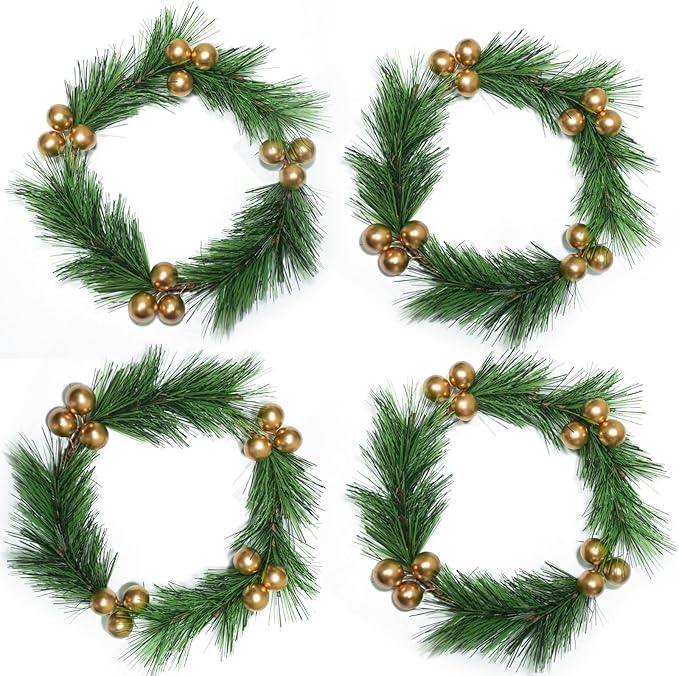 4pcs Christmas Candle Rings Wreaths Artificial Golden Berries Greenery Pine Needles Garland Christmas Wreath Candle Rings Holder for Wedding Christmas Table Centerpiece Home Dinner Table Decor