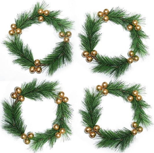 4pcs Christmas Candle Rings Wreaths Artificial Golden Berries Greenery Pine Needles Garland Christmas Wreath Candle Rings Holder for Wedding Christmas Table Centerpiece Home Dinner Table Decor