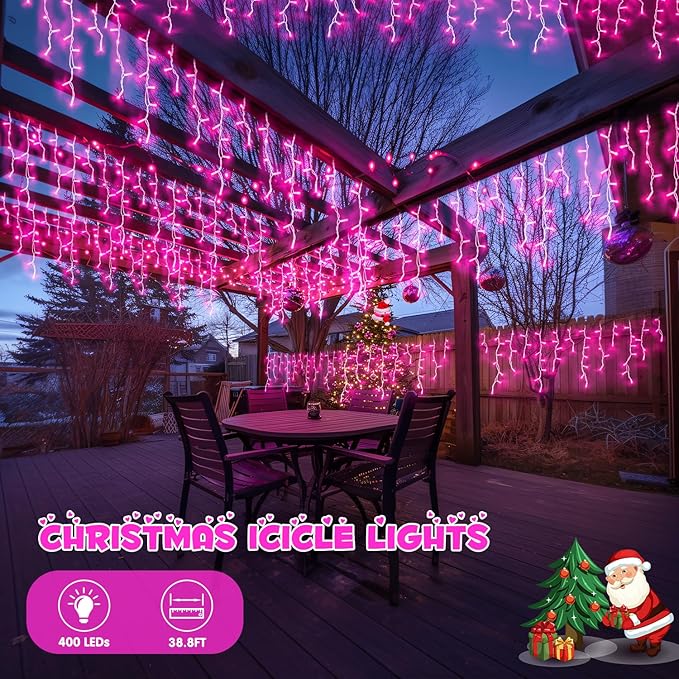 JMEXSUSS 400 LED Pink Christmas Icicle Lights, Connectable Pink Christmas Lights Indoor Outdoor with Remote, Icicle String Light for Room Fireplace Garden Eave Decorations