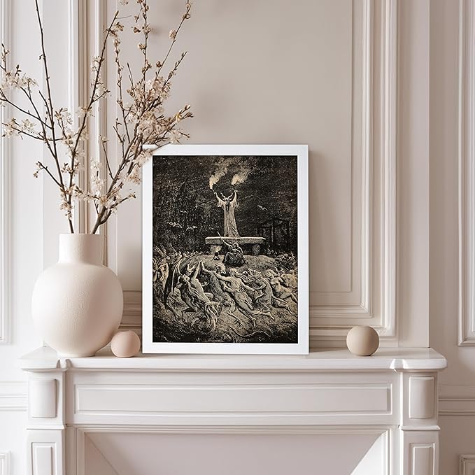 Poster Master Vintage Gustave Dore Poster - Retro Illustration Print - Gift for Gothic, Horror Fan - Dance of Sabbath, Witch, Magic, Spell - Wall Decor for Bedroom, Dorm, 11x14 White Framed