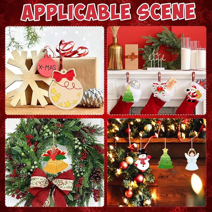 80PCS Wooden Christmas Ornaments to Paint, 8 Styles DIY Blank Unfinished Wood Reindeer Santa Claus Christmas Tree Ball Snowman Snowflake Angel Cutouts Ornament for Crafts Winter Hanging Decorations