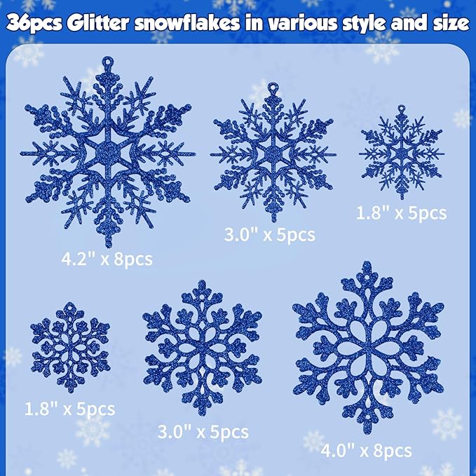36pcs Christmas Navy Blue Snowflake Ornaments Plastic Glitter Snow Flakes Ornaments for Winter Christmas Tree Decorations Size Varies Craft Snowflakes