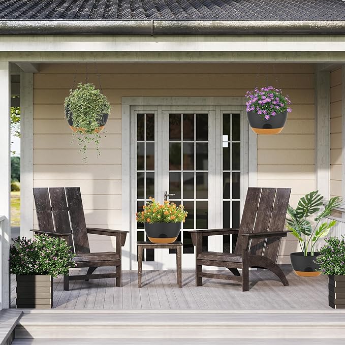 12 Inch Hanging Baskets 2 PC with Chains, Self-Watering Hanging Planters for Indoor Outdoor Plants, Plastic Hanging Flower Pots,Black Brown