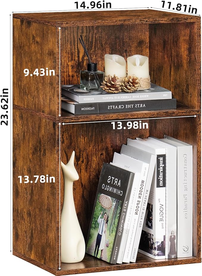 LEYAOYAO 2 Cube Bookshelf,Brown Record Player Stand Holds up to 100 Albums, Mini Wood Book Shelf Storage Organizer,Turntable Stand with Vinyl Storage Cabinet, Narrow Open Bookcase for Small Spaces