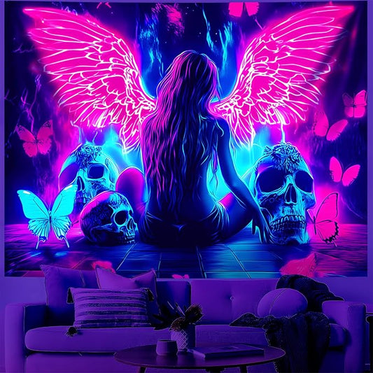 Blacklight Tapestry,WingTapestry Glow In The Dark,UV Reactive Black Light Upright Posters Wall Hanging for Bedroom Dorm Living Room Backdrop Decor (wing12, 90L" x 70W")
