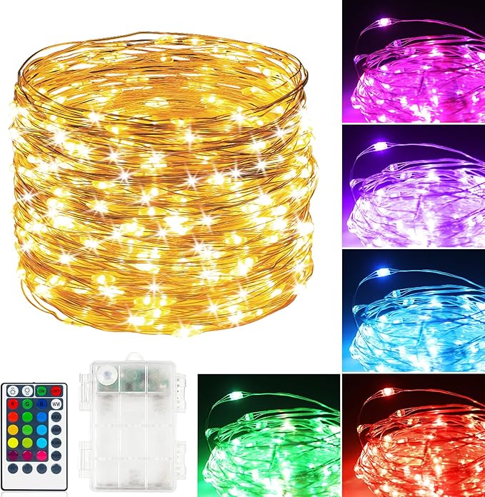 39Ft 120 LED Fairy Lights Battery Operated, RGB Color Changing String Light with Remote and Timer, Battery Powered Twinkle Lights for Bedroom, Dorm, Wall, Mason Jar, Backyard Indoor Outdoor Christmas