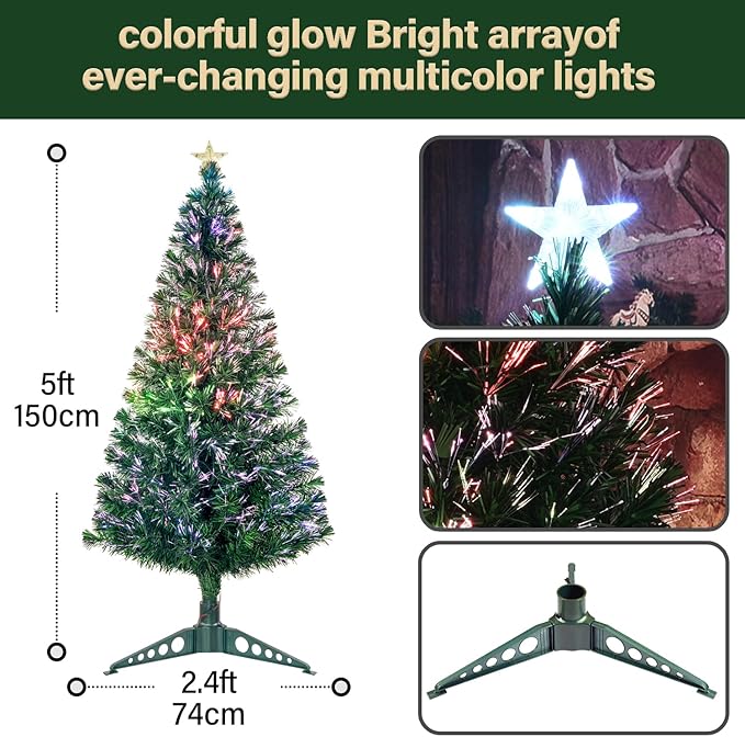 5FT Fiber Optic Green Christmas Tree Artificial Tree with Stand,Pre-lit Full Xmas Tree with Top Star Perfect for Indoor Holiday Decoration