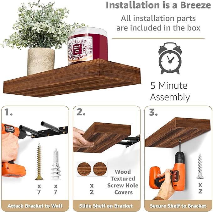 Sorbus Floating Shelves for Wall, Bathroom Shelves Wall Mounted for Kitchen, Bedroom, Living Room, Bathroom Storage, Over Toilet, Hanging Book Shelf for Ｗall Home Decor (Walnut, 4 Pack)