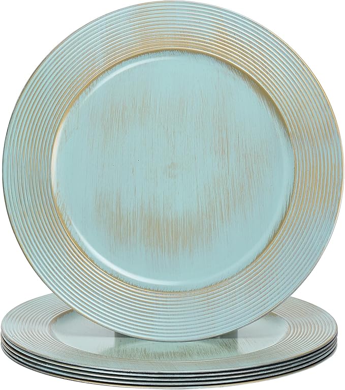13" Round Charger Plates, 6 pack Ring Pattern Plastic Chargers for Dinner Plates, Vintage Charger Plate Set Bulk Wedding, Turquoise