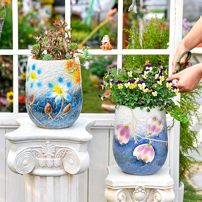 Sungmor 10.6 Inch Ceramic Succulent Plant Pot with Drainage Hole, Hand Painted Flower Pots for Plants, Unique Texture Decorative Planter for Indoor and Outdoor, Pottery Vase for Home Office Decor