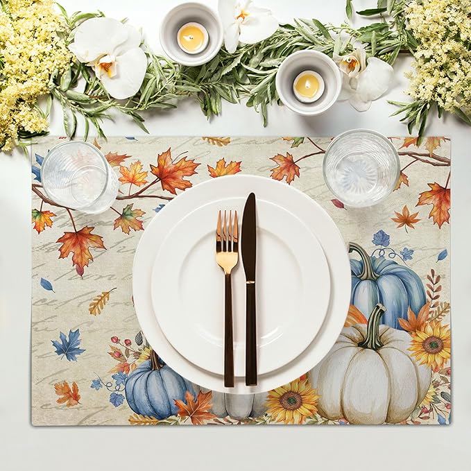 Fall Pumpkin Maple Leaf Placemats Set of 4 Vintage Rustic Autumn Thanksgiving Harvest Place Mats 12x18 Inch Seasonal Washable Table Mats for Party Kitchen Dining Decoration