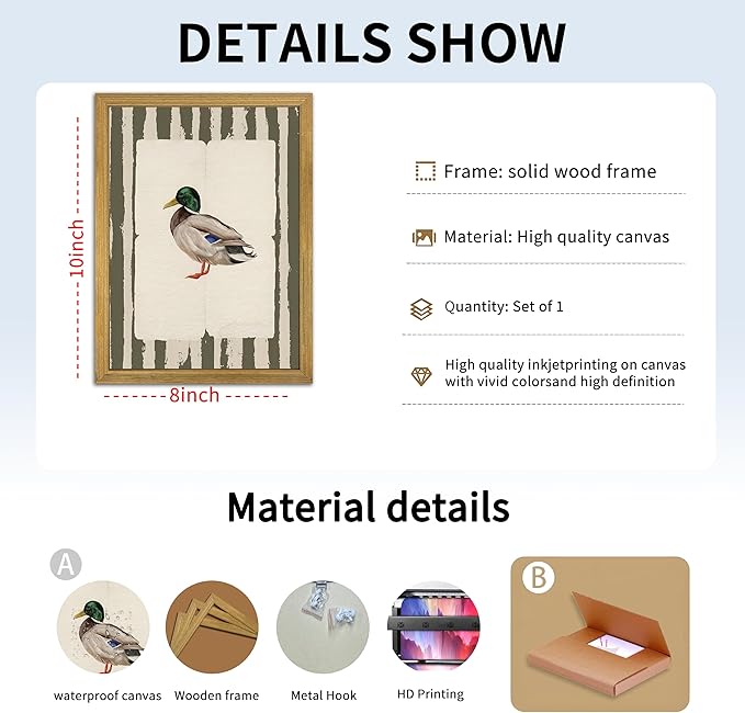 Vintage Framed Duck Wall Art Print, Rustic Mallard Bird Illustration Canvas Poster, Cottagecore Animal Artwork, Farmhouse Nature Wall Decor for Living Room Kitchen Bathroom Bedroom 8x10 inch