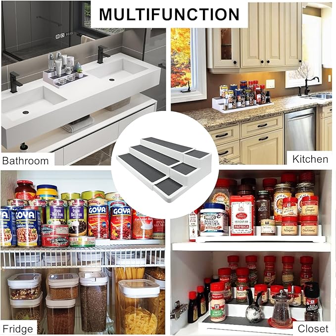 3 Tier Expandable Spice Rack Organizer, White/Grey Plastic Spice Rack, Adjustable Length 14.6In-25.8In, 2 Pack Non-Skid Tiered Spice Shelf Organizer for Kitchen Cabinet, Cupboard, Pantry