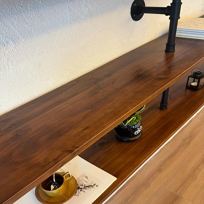 ROGMARS Industrial Pipe Wall Shelves Pipe Shelving with Real Wood Plank,70 Inches Floating Shelves for Wall Farmhouse Pipe Book Shelves Dark Brown 3Tier for Kitchen,Living Room Decor and Bar Shelving