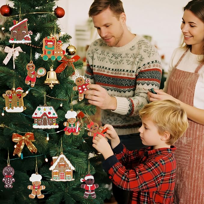 24pcs Gingerbread Man Ornaments for Christmas Tree, Assorted Gingerbread Figurines Decorations with Gingerbreads House Ornaments for Holiday Christmas Tree Home Decor